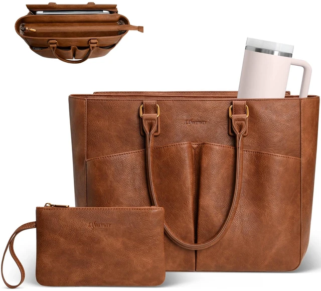 Main image of Laptop Tote Bag for Women 15.6 Inch Leather Work Bags, Large Capacity Tote Bag With Large Cup Holder for Women,Vintage Computer Bags for Laptops Nurse Teacher Bag Waterproof Office Briefcase