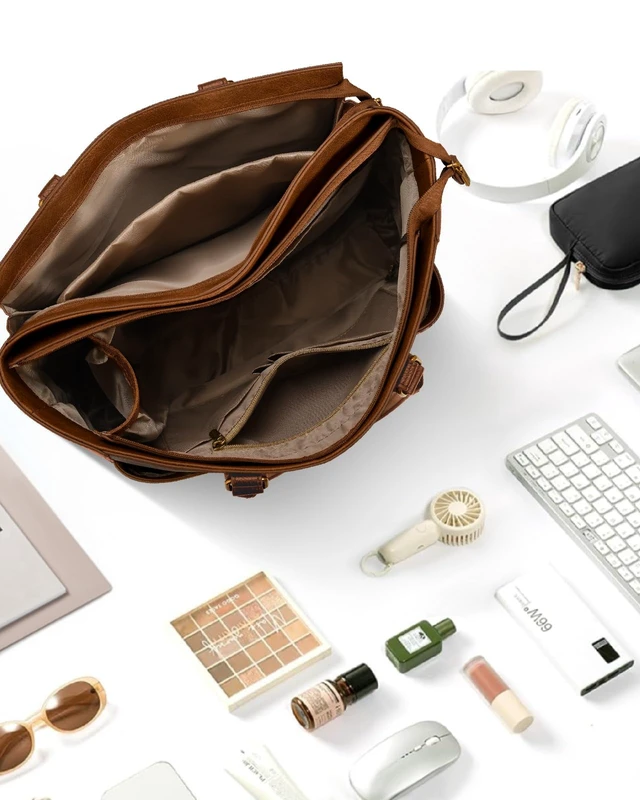 Alt view image 3 of 7 - Laptop Tote Bag for Women 15.6 Inch Leather Work Bags, Large Capacity Tote Bag With Large Cup Holder for Women,Vintage Computer Bags for Laptops Nurse Teacher Bag Waterproof Office Briefcase