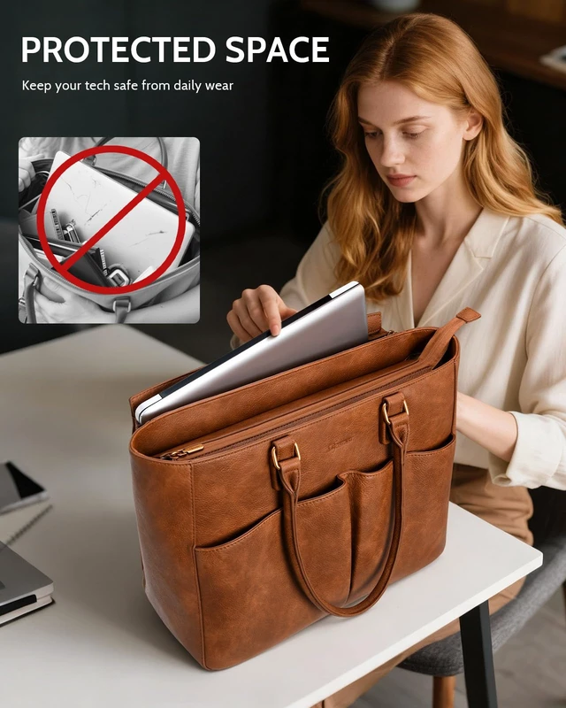 Alt view image 4 of 7 - Laptop Tote Bag for Women 15.6 Inch Leather Work Bags, Large Capacity Tote Bag With Large Cup Holder for Women,Vintage Computer Bags for Laptops Nurse Teacher Bag Waterproof Office Briefcase