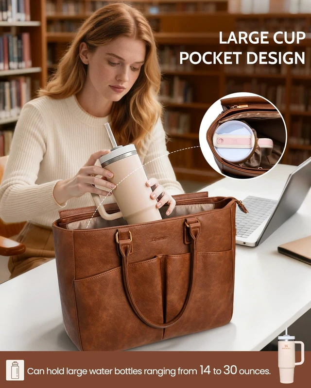 Alt view image 5 of 7 - Laptop Tote Bag for Women 15.6 Inch Leather Work Bags, Large Capacity Tote Bag With Large Cup Holder for Women,Vintage Computer Bags for Laptops Nurse Teacher Bag Waterproof Office Briefcase