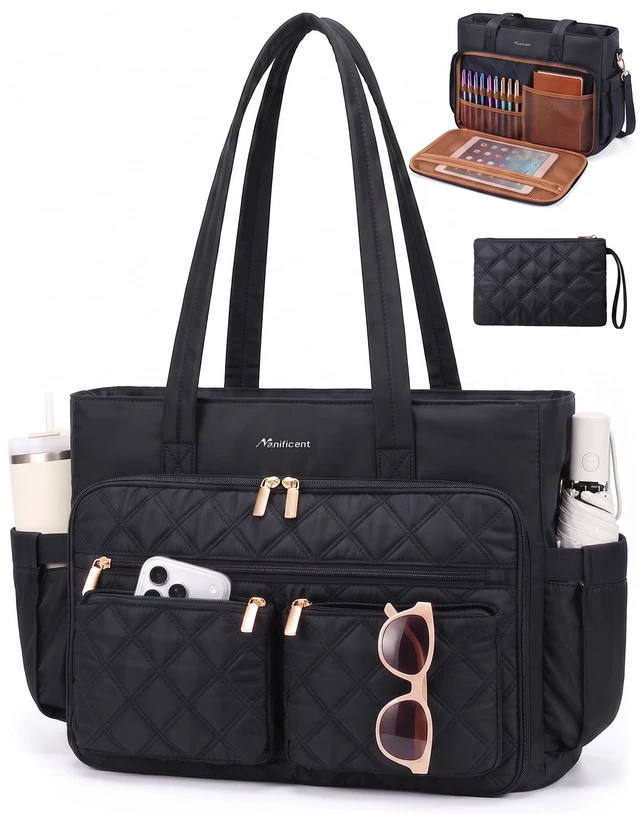 Main image of Teacher Tote Bag for Women, 15.6 Inch Laptop Bag with 40 oz Cup Holder | Water-resistant nylon work tote Computer Bag, 17 pockets, 12 pen slots, RFID-blocking pocket, cosmetic bag