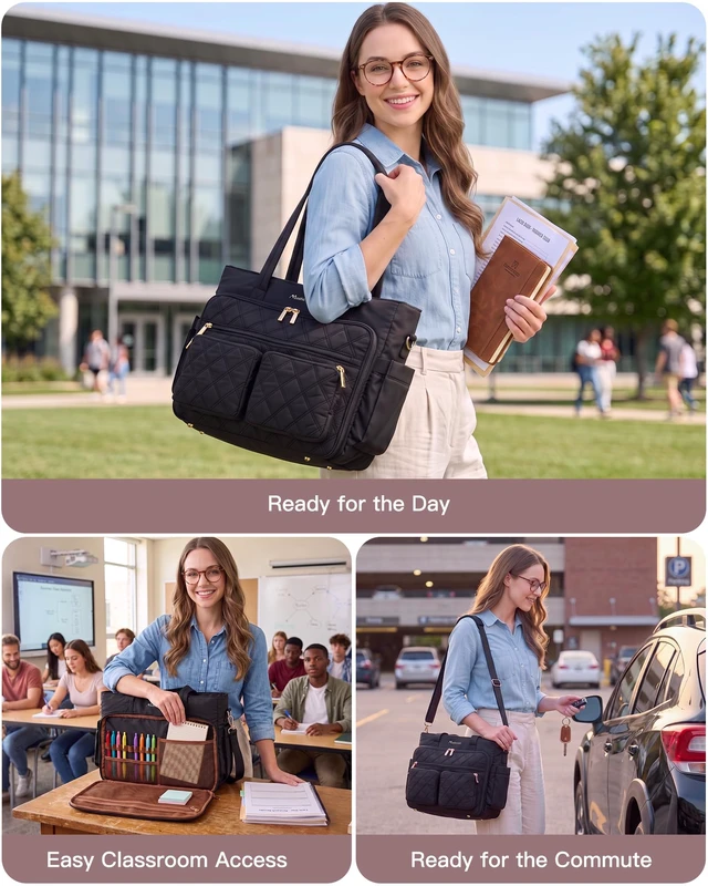 Alt view image 2 of 7 - Teacher Tote Bag for Women, 15.6 Inch Laptop Bag with 40 oz Cup Holder | Water-resistant nylon work tote Computer Bag, 17 pockets, 12 pen slots, RFID-blocking pocket, cosmetic bag