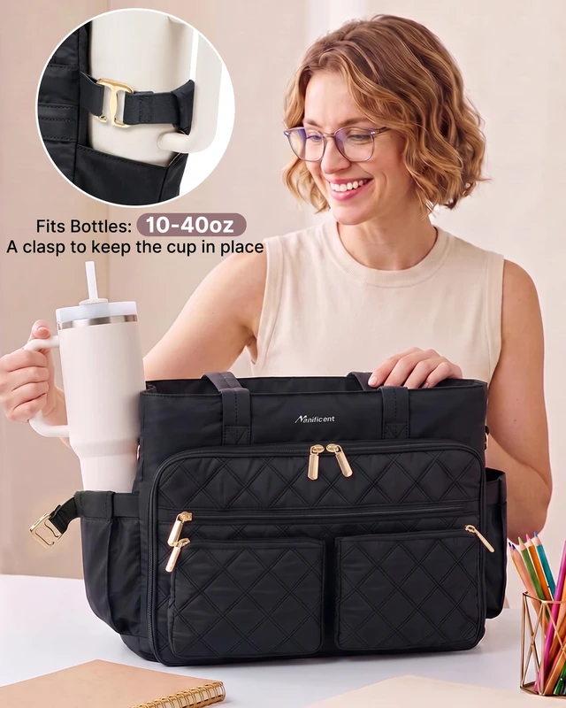 Alt view image 4 of 7 - Teacher Tote Bag for Women, 15.6 Inch Laptop Bag with 40 oz Cup Holder | Water-resistant nylon work tote Computer Bag, 17 pockets, 12 pen slots, RFID-blocking pocket, cosmetic bag