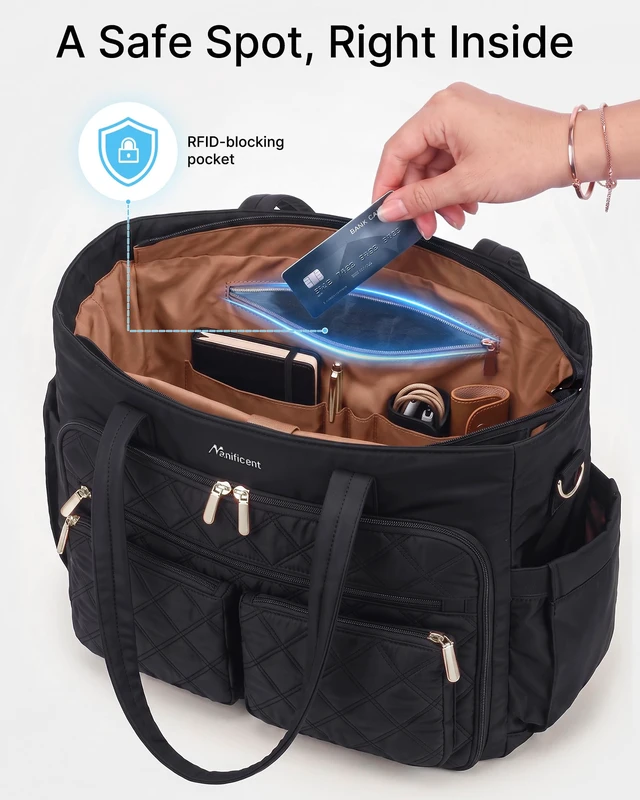Alt view image 5 of 7 - Teacher Tote Bag for Women, 15.6 Inch Laptop Bag with 40 oz Cup Holder | Water-resistant nylon work tote Computer Bag, 17 pockets, 12 pen slots, RFID-blocking pocket, cosmetic bag