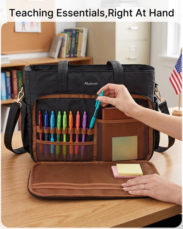 Alt view image 7 of 7 - Teacher Tote Bag for Women, 15.6 Inch Laptop Bag with 40 oz Cup Holder | Water-resistant nylon work tote Computer Bag, 17 pockets, 12 pen slots, RFID-blocking pocket, cosmetic bag