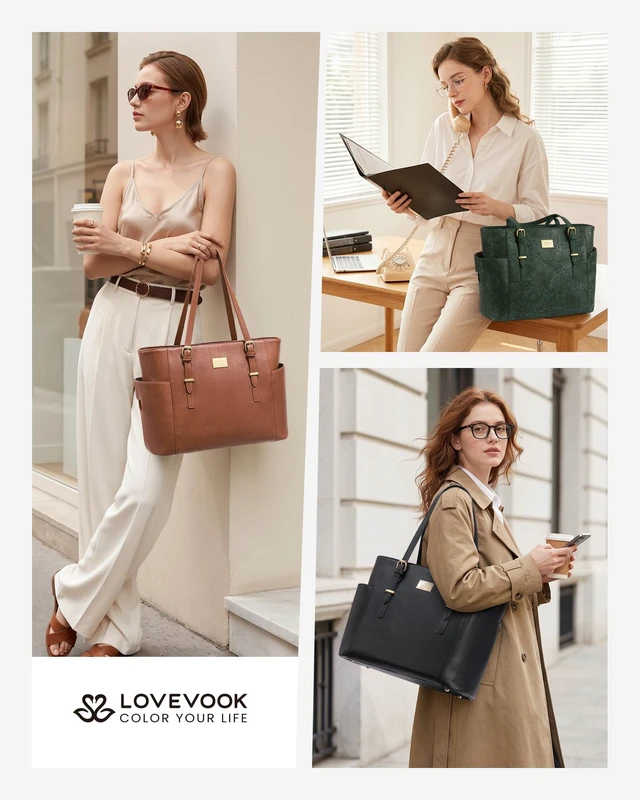 Alt view image 2 of 6 - Laptop Tote Bag for Women, Vintage Leather 15.6 Inch Work Tote with Large Water Bottle Pocket, Teacher Nurse Professional Computer Bag, Office Briefcase Handbag Gift, Brown