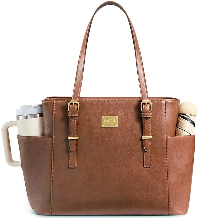 Main image of Laptop Tote Bag for Women, Vintage Leather 15.6 Inch Work Tote with Large Water Bottle Pocket, Teacher Nurse Professional Computer Bag, Office Briefcase Handbag Gift, Brown