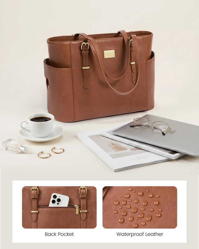 Alt view image 3 of 6 - Laptop Tote Bag for Women, Vintage Leather 15.6 Inch Work Tote with Large Water Bottle Pocket, Teacher Nurse Professional Computer Bag, Office Briefcase Handbag Gift, Brown