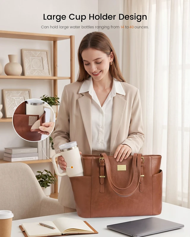 Alt view image 4 of 6 - Laptop Tote Bag for Women, Vintage Leather 15.6 Inch Work Tote with Large Water Bottle Pocket, Teacher Nurse Professional Computer Bag, Office Briefcase Handbag Gift, Brown