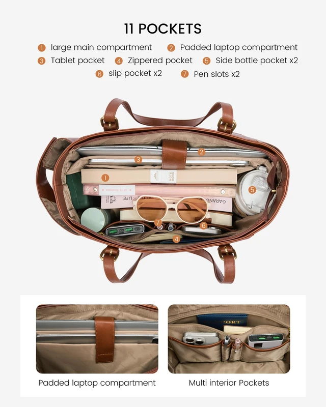 Alt view image 5 of 6 - Laptop Tote Bag for Women, Vintage Leather 15.6 Inch Work Tote with Large Water Bottle Pocket, Teacher Nurse Professional Computer Bag, Office Briefcase Handbag Gift, Brown