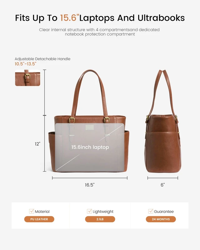 Alt view image 6 of 6 - Laptop Tote Bag for Women, Vintage Leather 15.6 Inch Work Tote with Large Water Bottle Pocket, Teacher Nurse Professional Computer Bag, Office Briefcase Handbag Gift, Brown