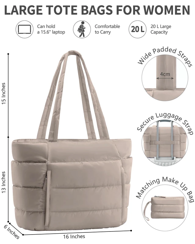 Alt view image 3 of 7 - Puffer Tote Bag for Women, Lightweight Puffy Travel Gym Work Bag | 16 Pocket Teacher Nurse Quilted Shoulder Handbag Large Cloud Carry On 15.6" Laptop Computer Purse for School Nursing Clinical