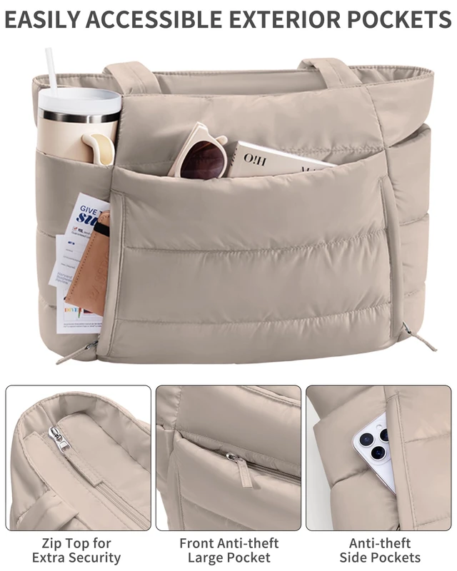 Alt view image 5 of 7 - Puffer Tote Bag for Women, Lightweight Puffy Travel Gym Work Bag | 16 Pocket Teacher Nurse Quilted Shoulder Handbag Large Cloud Carry On 15.6" Laptop Computer Purse for School Nursing Clinical