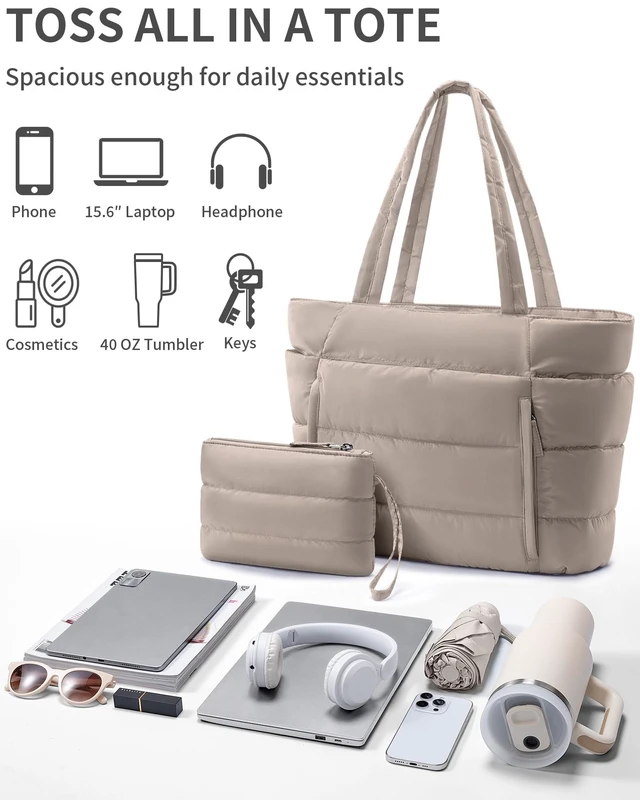 Alt view image 7 of 7 - Puffer Tote Bag for Women, Lightweight Puffy Travel Gym Work Bag | 16 Pocket Teacher Nurse Quilted Shoulder Handbag Large Cloud Carry On 15.6" Laptop Computer Purse for School Nursing Clinical