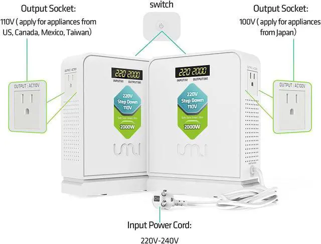 Alt view image 3 of 7 - UMI 2000W Step Down Voltage 220v to 110v Converter, Heavy Duty Power Converter, Power Transformer with Auto Mode for Large Capacity Equipment, Step Down 220v to 110v - US to Europe Voltage Converter