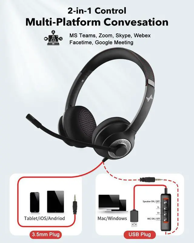 Alt view image 5 of 7 - JIAMQISHI USB Headset with Microphone for PC, On-Ear Computer Laptop Headphones with Noise Cancelling Microphone in-line Control for Home Office Online Class Skype Zoom (USB+3.5mm, Black)