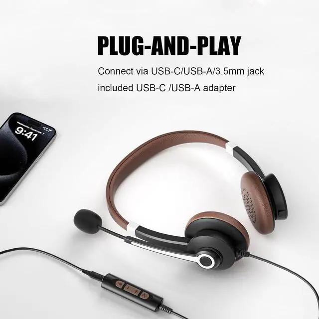 Alt view image 2 of 6 - Arama USB Headset with Mic for PC, USB-C/A & 3.5mm Jack | Noise-canceling mic, Plug-and-play,Comfortable lightweight design, Stereo soundWide compatibility with pc/phones/tablets