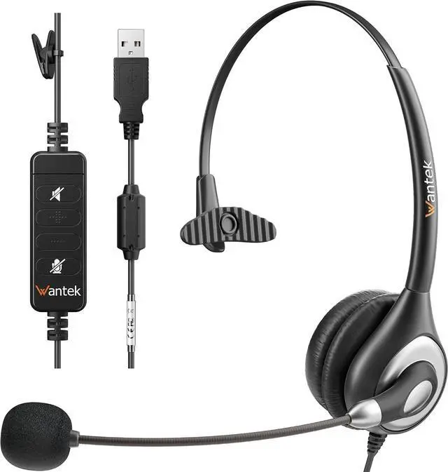 Main image of Wantek Corded USB Headsets Mono with Noise Cancelling Mic and in-line Controls, UC Business Headset for Skype, SoftPhone, Call Center, Crystal Clear Chat, Super Lightweight, Ultra Comfort (UC600)