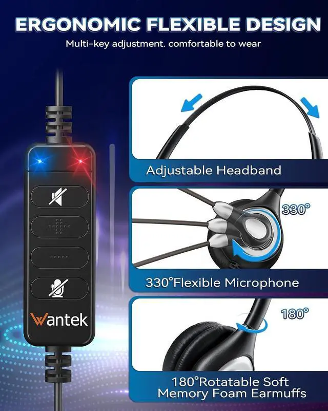 Alt view image 6 of 7 - Wantek Corded USB Headsets Mono with Noise Cancelling Mic and in-line Controls, UC Business Headset for Skype, SoftPhone, Call Center, Crystal Clear Chat, Super Lightweight, Ultra Comfort (UC600)