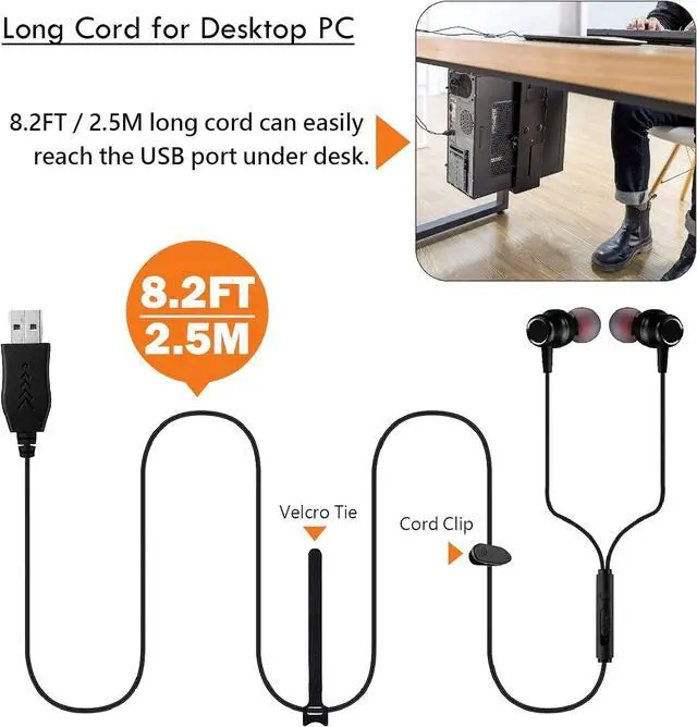 Alt view image 2 of 7 - 8.2Ft Long Cord USB Earbuds with Mic for Computer, Noise-Isolating | In-Ear Headphones with Microphone, Compatible with Laptop, Desktop PC & Chromebook, Secure Fit and Lightweight, CGS-W7