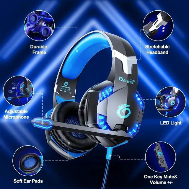 Alt view image 5 of 7 - VersionTECH. G2000 Gaming Headset for PS5 PS4 Xbox One Controller,Bass Surround Noise Cancelling Mic, Over Ear Headphones with LED Lights for Mac Laptop Xbox Series X S Nintendo Switch NES PC Games