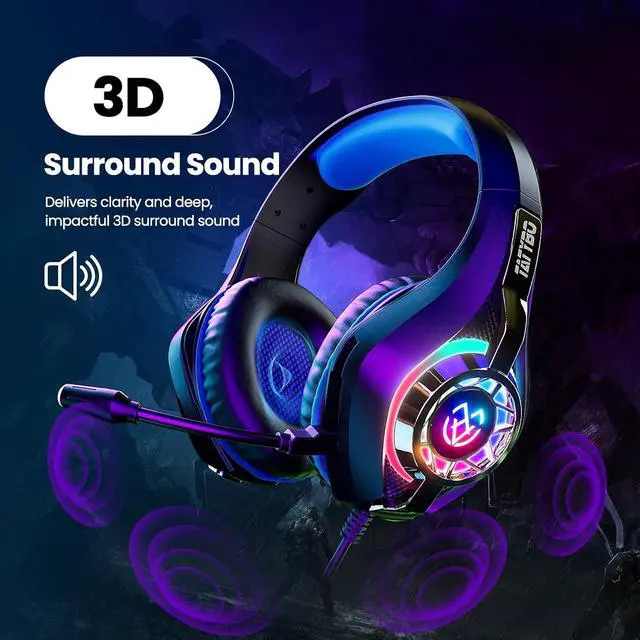 Alt view image 3 of 7 - Tatybo Gaming Headset for PS5 PC, Noise Canceling Mic, RGB, Black Blue | Over Ear, Deep Bass Stereo Sound for FPS, Battle Royale, Lightweight Headset for Xbox, PS4, Mobile, Nintendo, 3.5mm devices