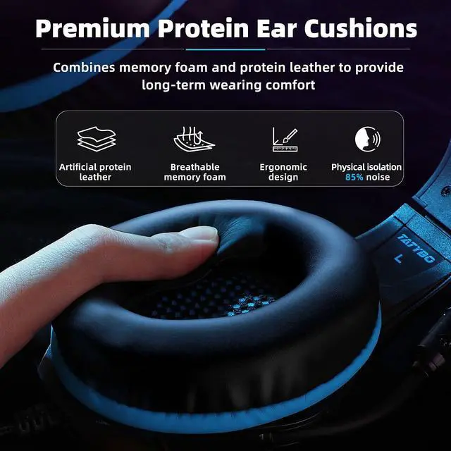 Alt view image 6 of 7 - Tatybo Gaming Headset for PS5 PC, Noise Canceling Mic, RGB, Black Blue | Over Ear, Deep Bass Stereo Sound for FPS, Battle Royale, Lightweight Headset for Xbox, PS4, Mobile, Nintendo, 3.5mm devices