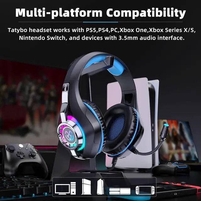 Alt view image 7 of 7 - Tatybo Gaming Headset for PS5 PC, Noise Canceling Mic, RGB, Black Blue | Over Ear, Deep Bass Stereo Sound for FPS, Battle Royale, Lightweight Headset for Xbox, PS4, Mobile, Nintendo, 3.5mm devices