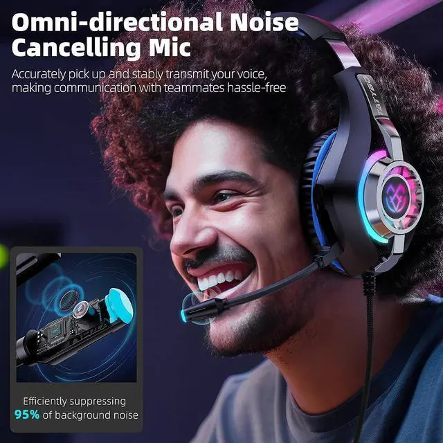 Alt view image 5 of 7 - Tatybo Gaming Headset for PS5 PC, Noise Canceling Mic, RGB, Black Blue | Over Ear, Deep Bass Stereo Sound for FPS, Battle Royale, Lightweight Headset for Xbox, PS4, Mobile, Nintendo, 3.5mm devices