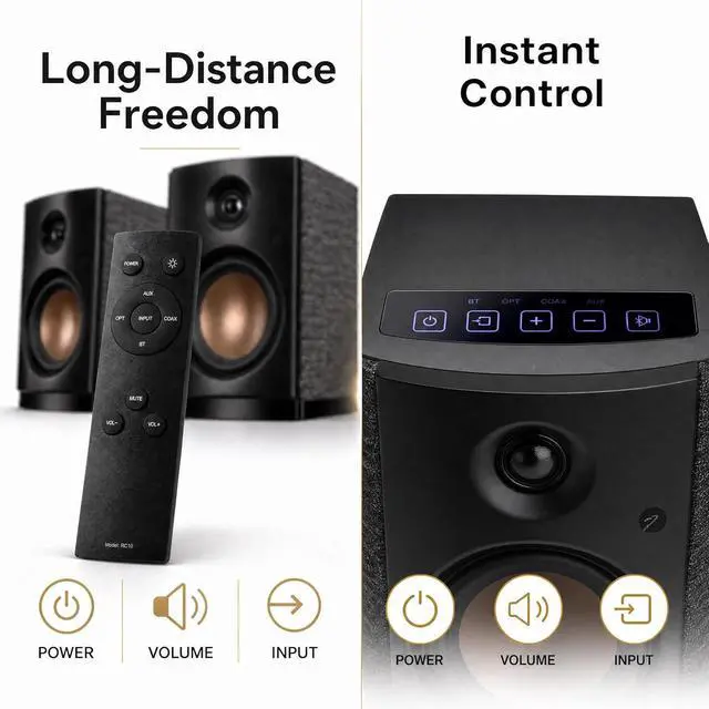 Alt view image 5 of 7 - HiVi-Swans OS-10 HiFi Stereo Speakers, Bluetooth 5.0 Active Computer Bookshelf Speakers - 4'' Dynamic Woofer, Powered Desk Speakers 62w RMS with Touch Control for PC/Phone/TV - Black