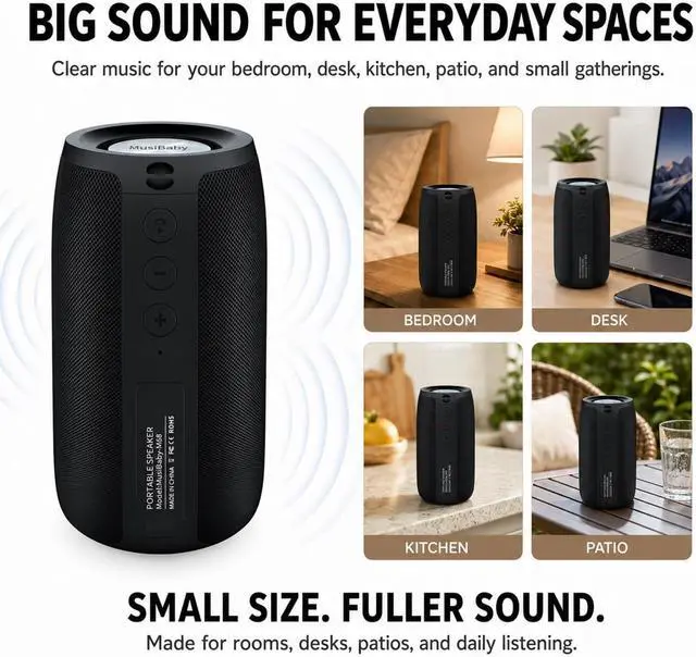 Alt view image 2 of 7 - Musibaby M68 Bluetooth Speaker, 12W, IPX5, Black