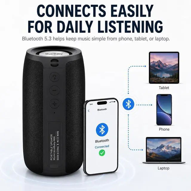 Alt view image 5 of 7 - Musibaby M68 Bluetooth Speaker, 12W, IPX5, Black
