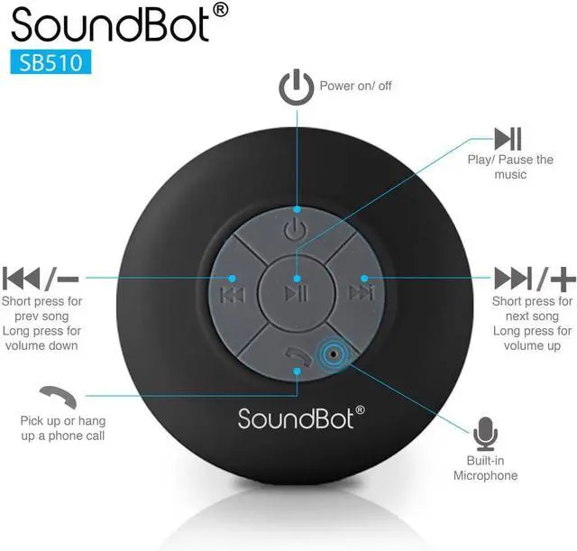 Alt view image 5 of 7 - Soundbot® Waterproof Shower Speaker HD Water Resistant Bluetooth Handsfree Portable with Loud Clear Sounds 6+hrs of Playtime, Wireless Suction Cup Small Durable for Outdoors Travel Home SB510 (Black)