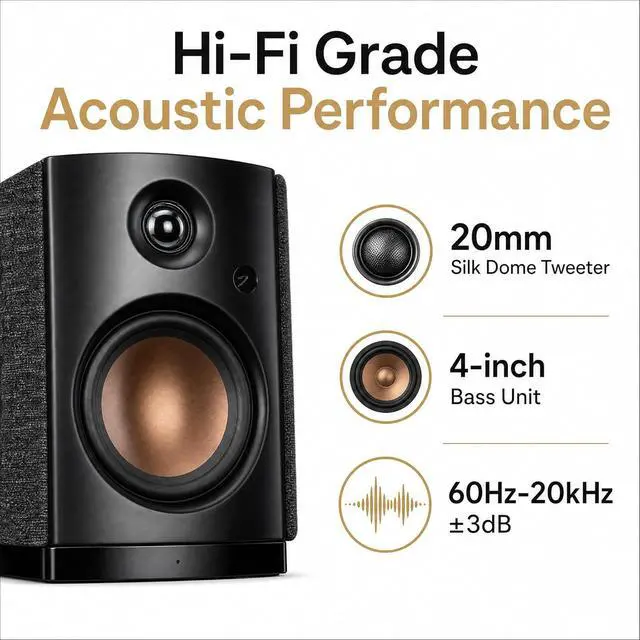 Alt view image 2 of 7 - HiVi-Swans OS-10 HiFi Stereo Speakers, Bluetooth 5.0 Active Computer Bookshelf Speakers - 4'' Dynamic Woofer, Powered Desk Speakers 62w RMS with Touch Control for PC/Phone/TV - Black