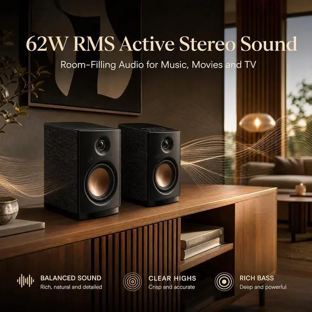 Alt view image 3 of 7 - HiVi-Swans OS-10 HiFi Stereo Speakers, Bluetooth 5.0 Active Computer Bookshelf Speakers - 4'' Dynamic Woofer, Powered Desk Speakers 62w RMS with Touch Control for PC/Phone/TV - Black