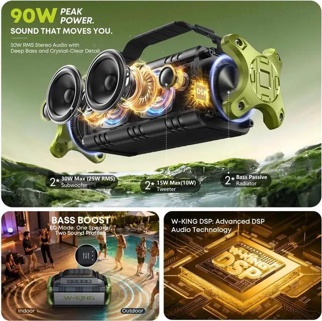 Alt view image 2 of 7 - Portable Speakers Bluetooth Wireless, 90W Max Loud Outdoor Speaker with Deep Bass, IPX6 Waterproof, Floatable, Custom EQ, 40H, Dual Pairing, Subwoofer *2, TF, Large Speaker for Beach/Garage/Jobsite