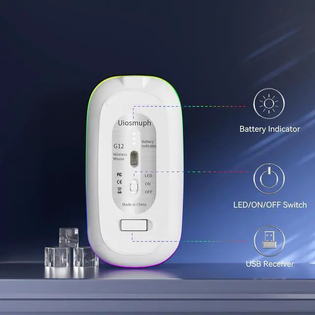 Alt view image 5 of 6 - Uiosmuph LED Wireless Mouse, G12 Slim Rechargeable Silent Mouse - White