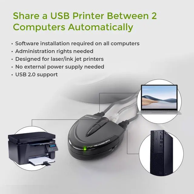 Alt view image 4 of 7 - IOGEAR 2 Port USB 2.0 Switch - Auto Printer Switch - Manually or Auto Control - LEDs Indicate - Plug n Play - GUB231