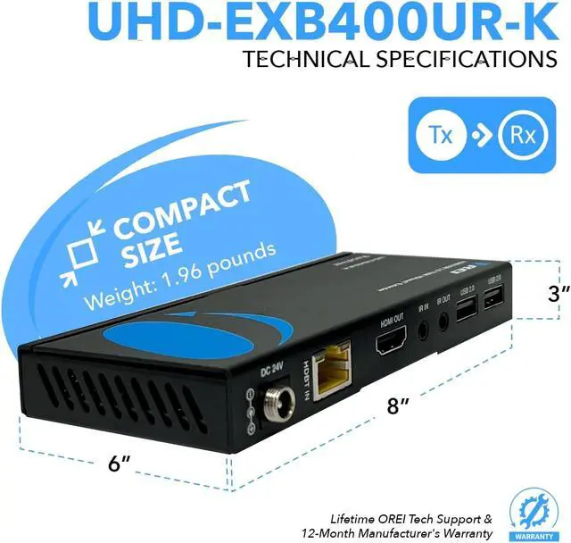 Alt view image 5 of 7 - OREI USB Over Ethernet Extender HDBaseT 4K@60Hz 400ft PoC, Two-Way IR, EDID