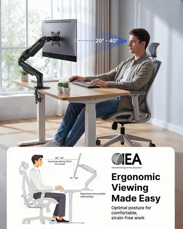 Alt view image 6 of 7 - HUANUO FlowLift Single Monitor Mount, 13 to 32 Inch Monitor Arm, Adjustable Monitor Stand, Vesa Mount with Clamp and Grommet Base - Fits 4.4 to 19.8lbs LCD Computer Monitors