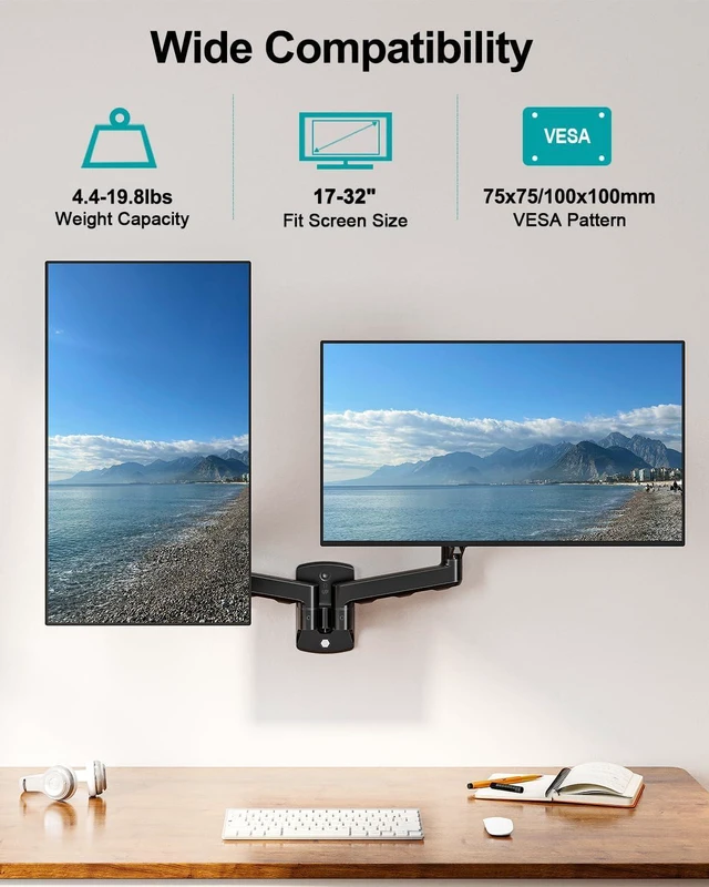 Alt view image 3 of 7 - MOUNT PRO Dual Monitor Wall Mount for Max 32" Screens, Up to 19.8lbs Each