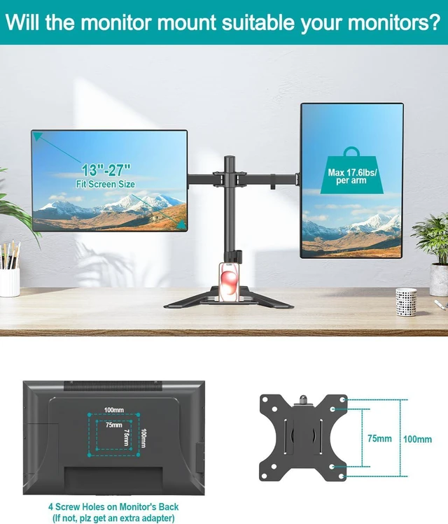 Alt view image 3 of 7 - MOUNT PRO Dual Monitor Stand, Free-Standing Full Motion Monitor Desk Mount Fits 2 Screens up to 27 inches,17.6lbs with Height Adjustable, Swivel, Tilt, Rotation, VESA 75x75 100x100, Black