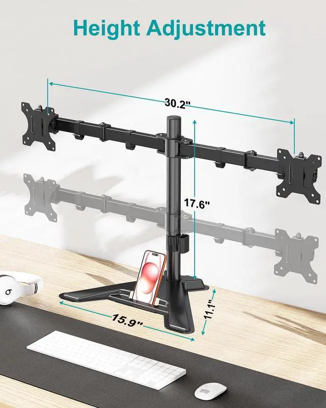 Alt view image 2 of 7 - MOUNT PRO Dual Monitor Stand, Free-Standing Full Motion Monitor Desk Mount Fits 2 Screens up to 27 inches,17.6lbs with Height Adjustable, Swivel, Tilt, Rotation, VESA 75x75 100x100, Black