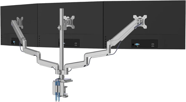Main image of Mount-It! Triple Monitor Mount with Gas Spring Arms, Fits 2432 Inch Screens, USB & Audio Ports, Full Motion Desk Stand with Tilt, Swivel & Rotation, Heavy Duty Silver 3 Screen Arm with Clamp