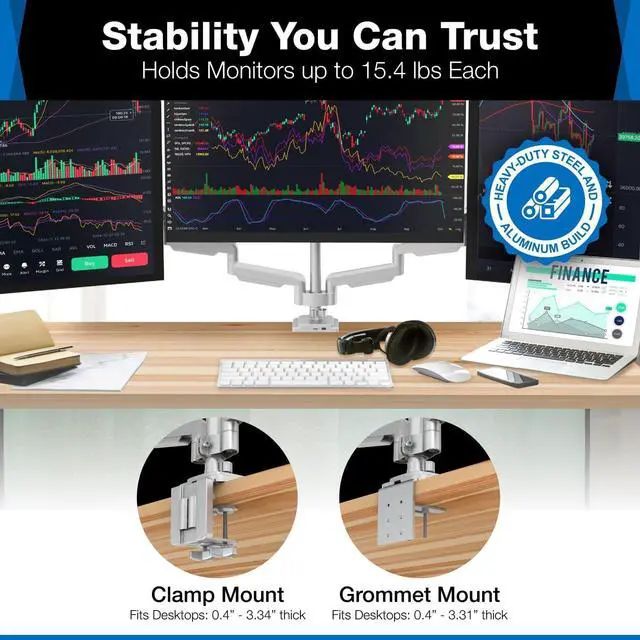 Alt view image 5 of 7 - Mount-It! Triple Monitor Mount with Gas Spring Arms, Fits 2432 Inch Screens, USB & Audio Ports, Full Motion Desk Stand with Tilt, Swivel & Rotation, Heavy Duty Silver 3 Screen Arm with Clamp