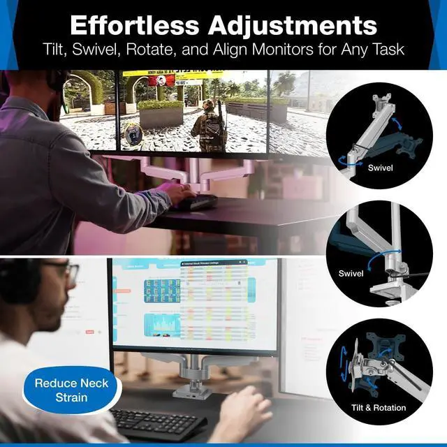 Alt view image 6 of 7 - Mount-It! Triple Monitor Mount with Gas Spring Arms, Fits 2432 Inch Screens, USB & Audio Ports, Full Motion Desk Stand with Tilt, Swivel & Rotation, Heavy Duty Silver 3 Screen Arm with Clamp