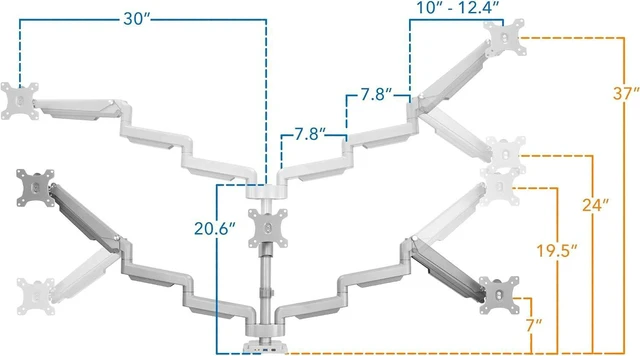 Alt view image 7 of 7 - Mount-It! Triple Monitor Mount with Gas Spring Arms, Fits 2432 Inch Screens, USB & Audio Ports, Full Motion Desk Stand with Tilt, Swivel & Rotation, Heavy Duty Silver 3 Screen Arm with Clamp