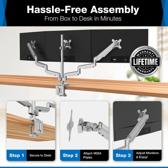 Alt view image 2 of 7 - Mount-It! Triple Monitor Mount with Gas Spring Arms, Fits 2432 Inch Screens, USB & Audio Ports, Full Motion Desk Stand with Tilt, Swivel & Rotation, Heavy Duty Silver 3 Screen Arm with Clamp