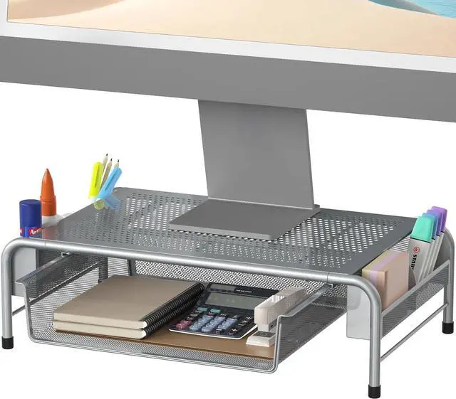 Main image of Simple Houseware Metal Desk Monitor Stand Riser w/ Organizer Drawer, Silver