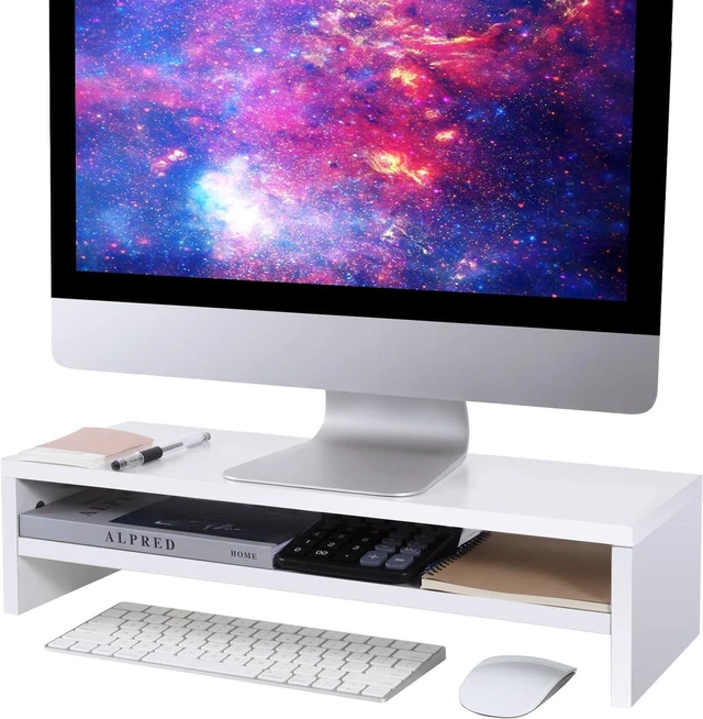 Main image of BEYGORM Monitor Stand Riser, White, 21.6 inch, 2 Tiers Wood Desk Shelf